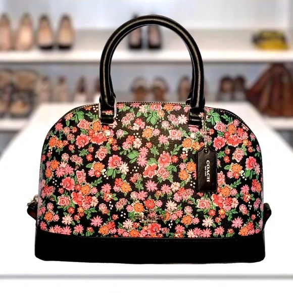 COACH Sierra Posey Cluster Floral Coated Canvas Satchel Bag Black/Pink Wallet - Picture 2 of 12